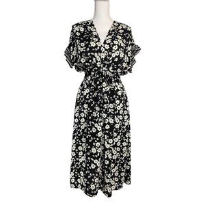 Max Studio Tie Waist Floral Print Ruffle Sleeve Dress, Black/Winter White Medium